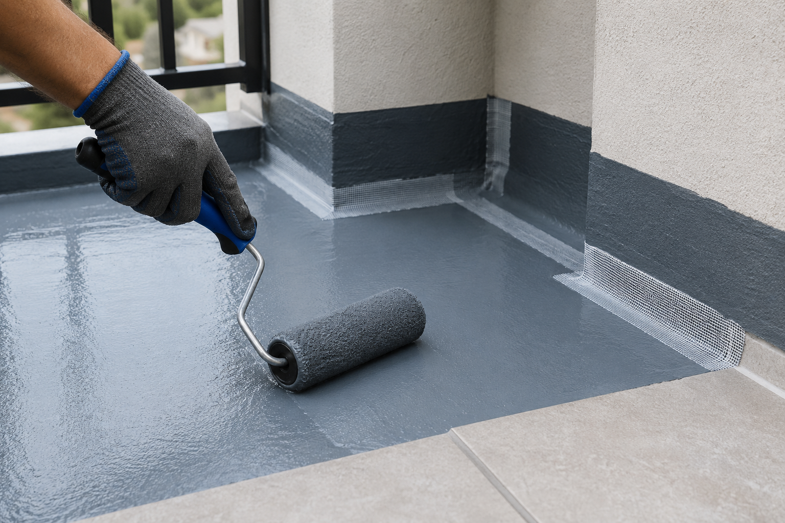 Uszczelnienie narożników balkonu taśmą i hydroizolacją pod płytki ceramiczne